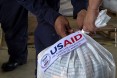 View of a bag with US humanitarian aid goods in Cucuta, Colombia, on the border with Tachira, Venezuela