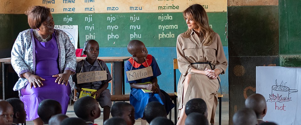 First Lady Melania Trump, alongside Maureen Masi, Head Teacher of Chipala Primary School, observes children learning the English and Chichewa languages at the Chipala Primary School in Lilongwe, Malawi. (Official White House Photo by Andrea Hanks) 