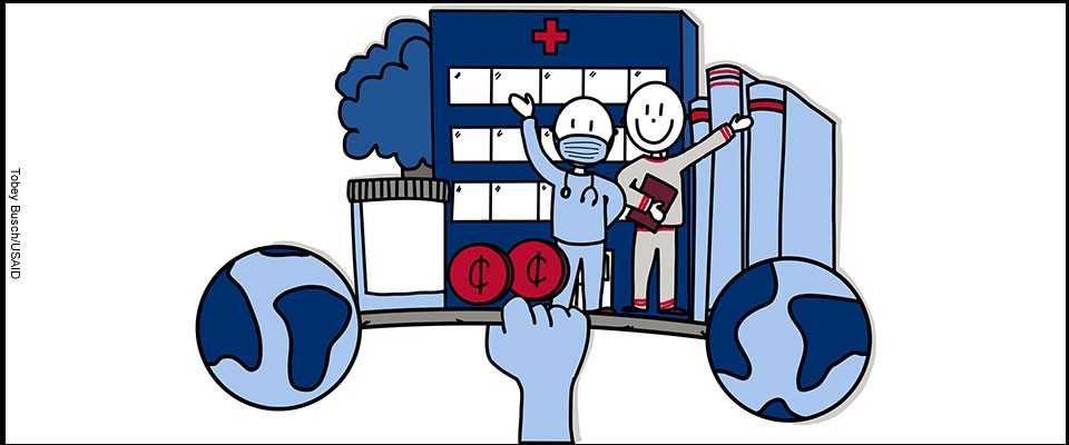 Graphic of a hand holding up a barbell with icons of health systems such as infrastructure and medical personnel