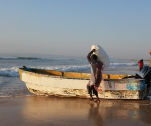 Fishermen hauling ice onto their boats in Puntland, Somalia