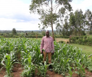 Stanley Kimeli stands proudly next to his improved harvest. 