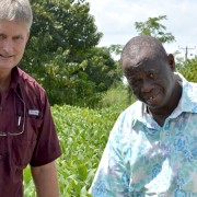 From left: Dan Reynolds, lead researcher for the Soybean Innovation Lab SMART Farm; Saaka Buah, director of the Savanna Agricultural Research Institute’s station located in Wa, Ghana; and George Awuni, SMART Farm manager.