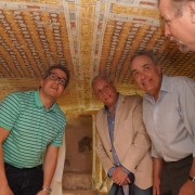U.S. Embassy Chargé d’Affaires Thomas Goldberger, Minister of Antiquities Dr. Khaled El Anany, and Secretary General of the Supreme Council of Antiquities Dr. Mostafa Waziri visit a nobleman's tomb at Dra Abu El Naga that was conserved with USAID assistance.