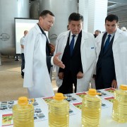 Founder of Atalyk Group Turatbek Ukubaev demonstrates the first products of the facility to President Jeenbekov (center) and the head of Osh oblast Jylkybaev Uzarbek.