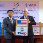 Vice Minister of Health Dr. Phouthone Muoangpak (left) received personal protective equipment from U.S. Ambassador to Lao PDR Dr. Peter M. Haymond (right) at a ceremony in Vientiane today as part of the United States’ early assistance to Lao PDR to prepare for any potential spread of the novel coronavirus. 