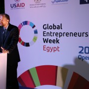 USAID/Egypt Economic Growth Director Brinton Bohling speaks to more than 150 Egyptian investors, analysts, and businesspeople on the opening day of Global Entrepreneurship Week in Cairo.