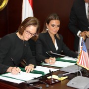 Mission Director Sherry F. Carlin and Minister of Investment and International Cooperation Saher Nasr signing the $100 million bilateral assistance agreement