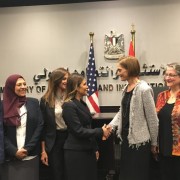 USAID/Egypt Mission Director Sherry F. Carlin and Minister of Investment and International Cooperation Dr. Sahar Nasr shake hands after signing a $13.8 million bilateral assistance agreement in water sector support.