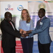 (From left to right) Hon. Christophe Bazivamo, EAC Deputy Secretary General in charge of Productive and Social Sectors, Ms Aurelia Micko Director, Kenya & East Africa Environment Office at USAID and Mr Luther Anukur, IUCN Regional Director for Eastern and Southern Africa officially launch the new USAID supported initiative to protect East Africa’s natural resources.