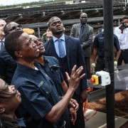President of the Republic of Zambia Edgar Lungu prepares to power on the Bangweulu Solar farm during the plant's commissioning in Lusaka on March 11, 2019.