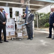 U.S. Ambassador to Kenya Kyle McCarter and visiting USAID Acting Administrator John Barsa announce the United States Government's donation of 200 brand-new, state-of-the-art ventilators to Kenya to assist its fight against COVID-19.