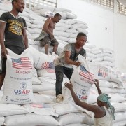 File Photo: United States Agency for International Development (USAID) food assistance being unloaded at Mombasa port.   
