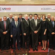 USAID/Egypt Mission Director Sherry F. Carlin and Minister of Higher Education and Scientific Research Dr. Khaled Abdel Ghafar joined at the American University in Cairo to announce the opening of 20 UCCDs at 12 Egyptian universities.