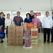 Vice Governor of Savannakhet Province Phoxay Sayasone (third from left) accepted some donated food and water from U.S. Ambassador Rena Bitter (center) on as part of the U.S. support for emergency relief in Southern Laos on September 13, 2019.