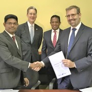 USAID, YouLead, and Microsoft launch YouthWorks. From left to right, Hasitha Abeywardana, Microsoft Country Manager; Robert Hilton, U.S. Embassy Deputy Chief of Mission; Charles Conconi, USAID Youlead Project Director; Chandima Weerakkody, Minister for Skills Development and Vocational Training 