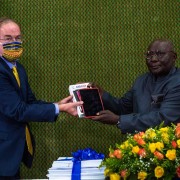 U.S. Embassy Chargé d’Affaires a.i. David Young, symbolically hands over 2 million learning materials and 5,000 tablets to Minister of General Education 