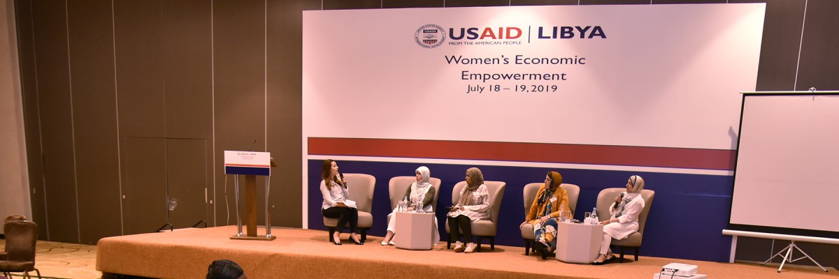 Women entrepreneurs participate in a panel discussion during the Libya Women's Economic Empowerment Conference