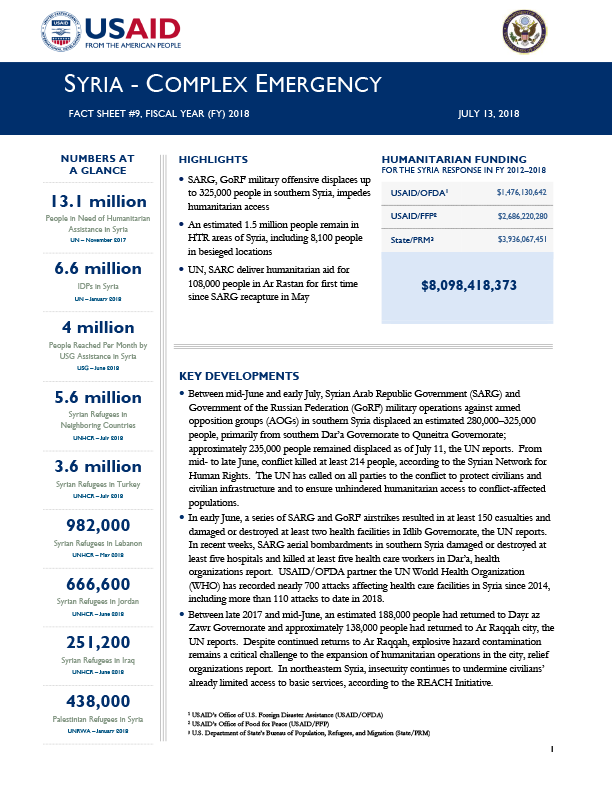 Syria Complex Emergency Fact Sheet #9 - 07/13/2018