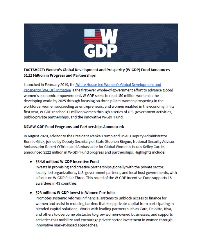 Women's Global Development and Prosperity (W-GDP) Fund Announces $122 Million in Progress and Partnerships