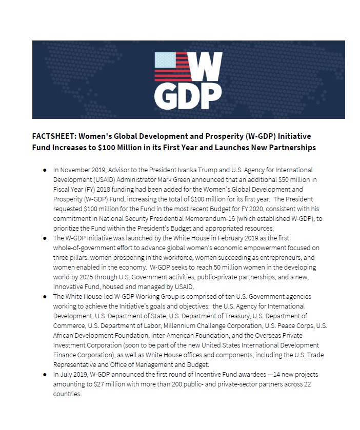 Fact Sheet: Women's Global Development and Prosperity (W-GDP) Initiative Fund Increases to $100 Million in its First Year and La