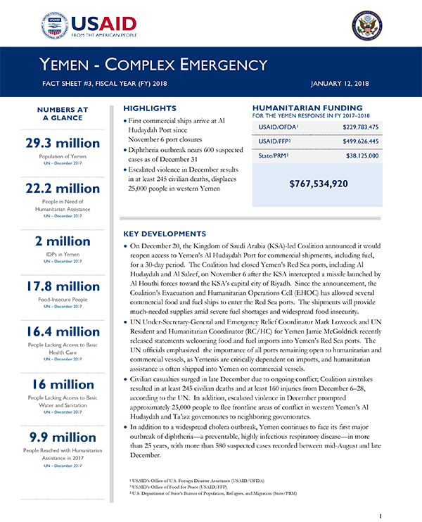 Yemen Complex Emergency Fact Sheet #3 - 01-12-2018