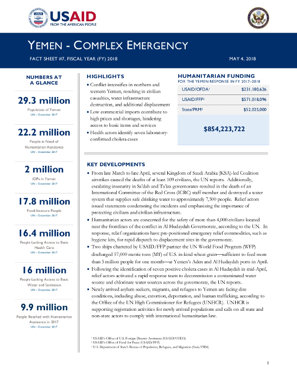 Yemen Complex Emergency Fact Sheet #7 - 05-04-2018