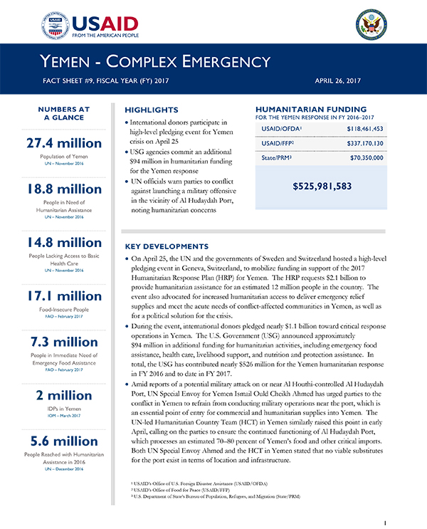 Yemen Complex Emergency Fact Sheet #9 - 04-26-2017