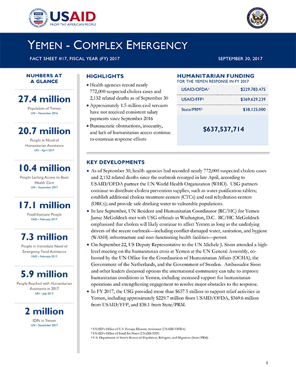 Yemen Complex Emergency Fact Sheet #17 - 09-30-2017